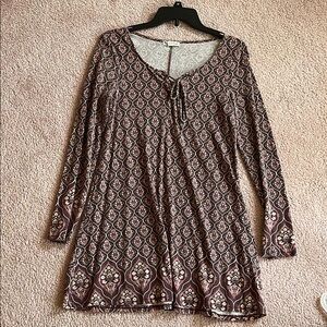 Brown and Tan Long Sleeve Scoop Neck Sundress